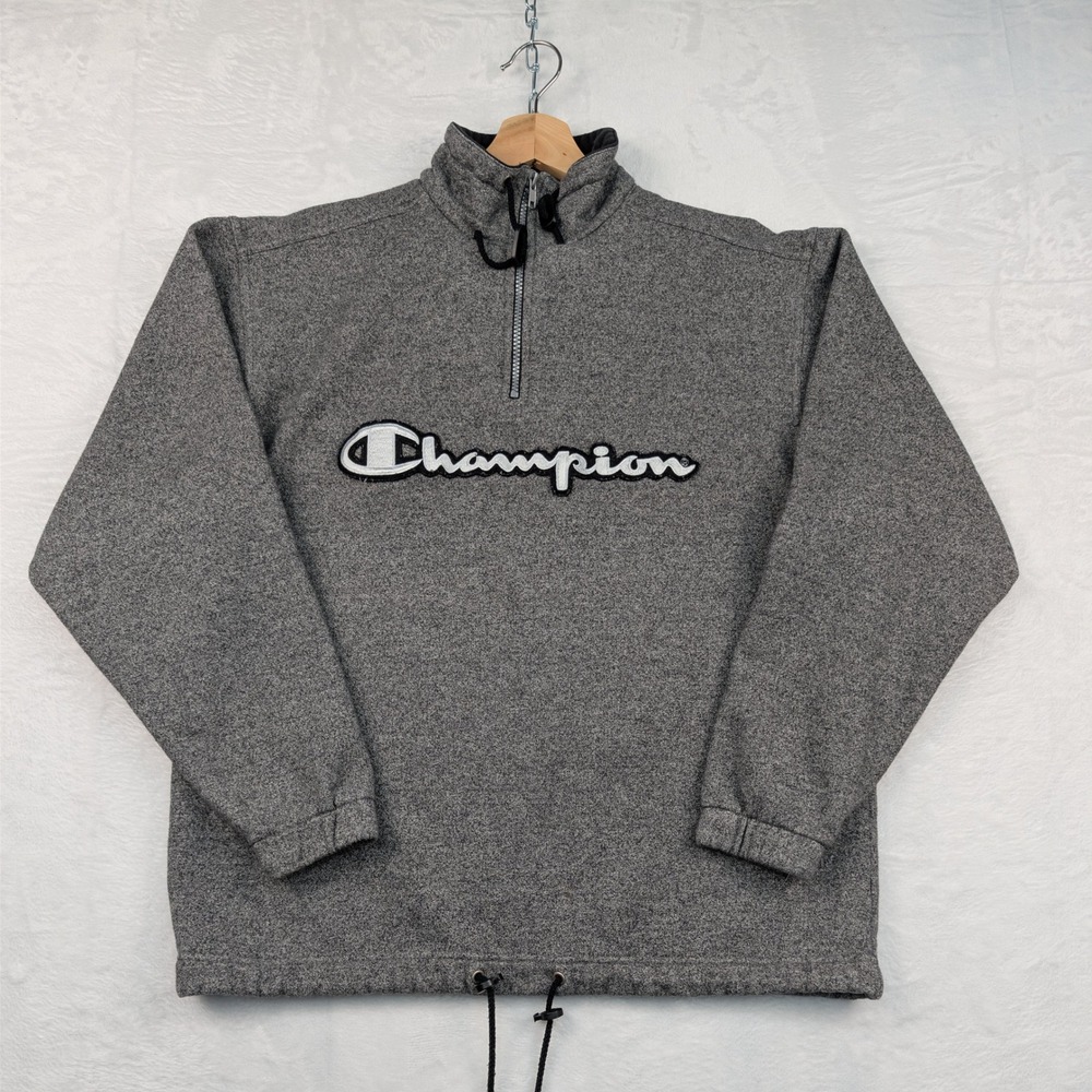 VTG Champion Sweatshirt Mens Large Gray Spellout Logo Quarter Zip Sportswear 90s